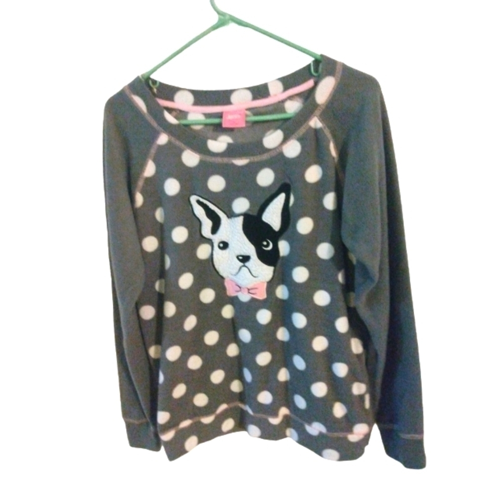 Jenni French Bulldog Design Super Soft Grey w. White Polka Dots PJ Lounge Top S